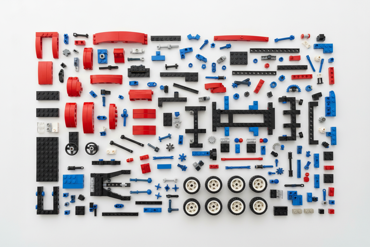 LEGO-bitar utspridda innan montering